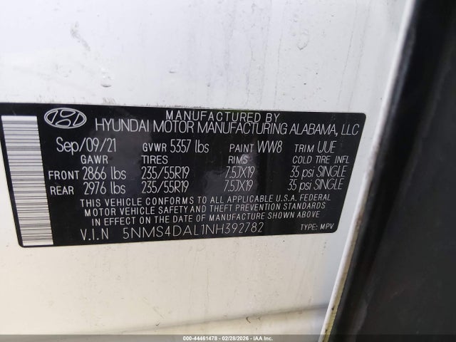 5NMS4DAL1NH392782 Hyundai Santa Fe Limited