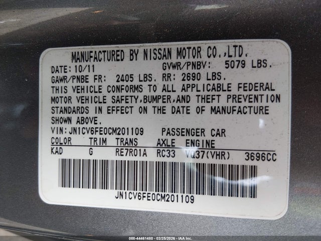 Aukcja sprzedaży 2012 Infiniti G37, vin: JN1CV6FE0CM201109, numer aukcji: 44461480