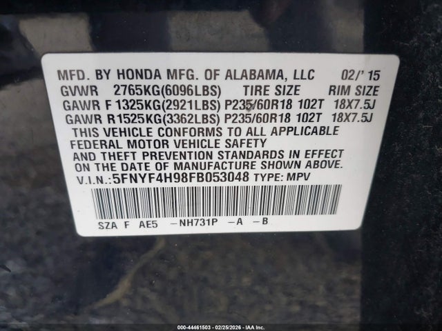 Honda Pilot Touring 2015 5FNYF4H98FB053048 Image 9
