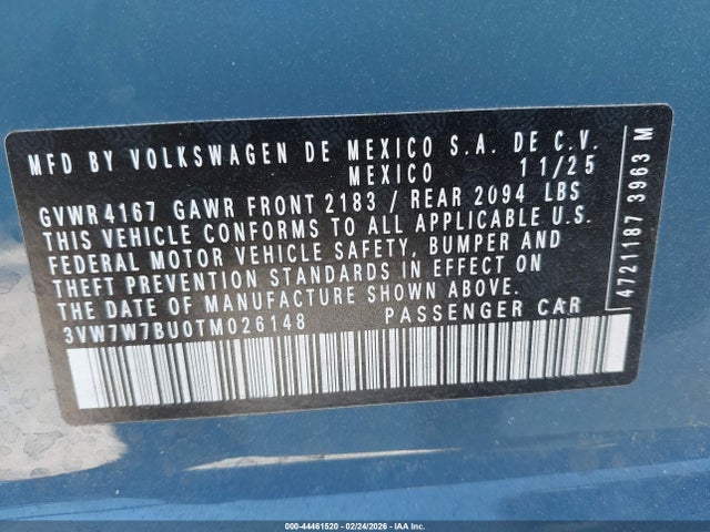 Продаж на аукціоні авто 2026 Volkswagen Jetta Se, vin: 3VW7W7BU0TM026148, номер лоту: 44461520