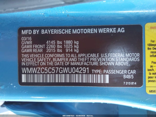 2016 Mini Countryman Cooper S მანქანა იყიდება აუქციონზე, vin: WMWZC5C57GWU04291, აუქციონის ნომერი: 44461523