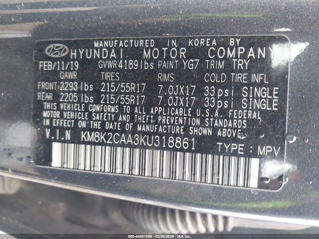 Aukcja sprzedaży 2019 Hyundai Kona Sel, vin: KM8K2CAA3KU318861, numer aukcji: 44461598