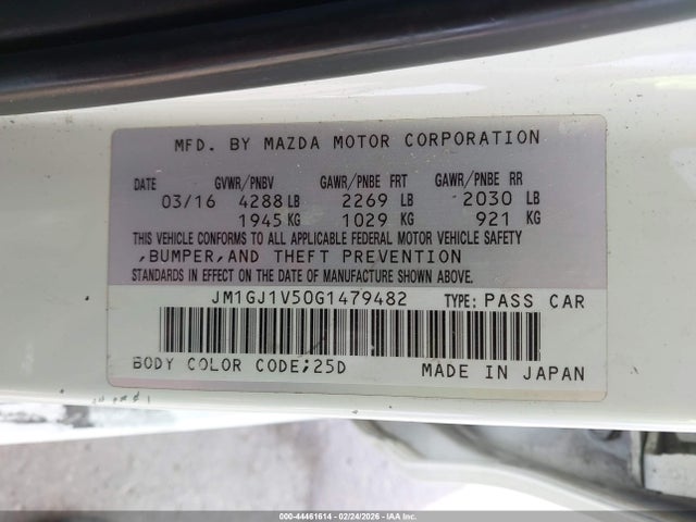 Aukcja sprzedaży 2016 Mazda Mazda6 I Touring, vin: JM1GJ1V50G1479482, numer aukcji: 44461614