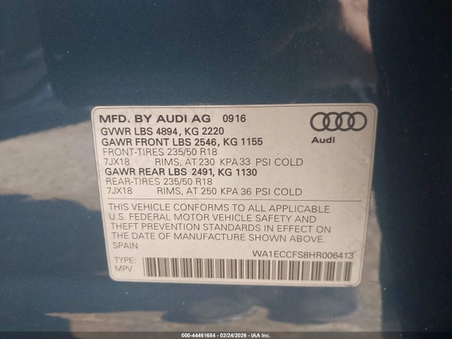 44461684 :رقم المزاد ، WA1ECCFS8HR006413 vin ، 2017 Audi Q3 2.0t Premium مزاد بيع