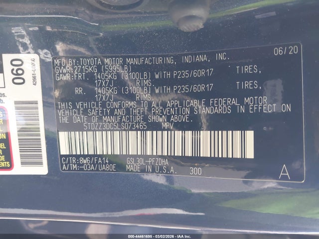 Aukcja sprzedaży 2020 Toyota Sienna L, vin: 5TDZZ3DC5LS073465, numer aukcji: 44461695