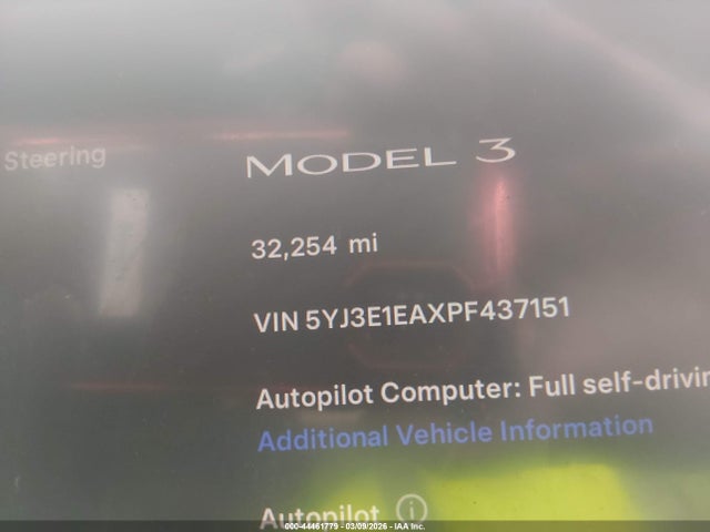 44461779 :رقم المزاد ، 5YJ3E1EAXPF437151 vin ، 2023 Tesla Model 3 Rear-wheel Drive مزاد بيع