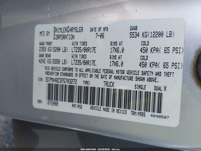 Продажа на аукционе авто 2007 Dodge Ram 3500 Slt/sport, vin: 3D7MX48C97G703272, номер лота: 44461846