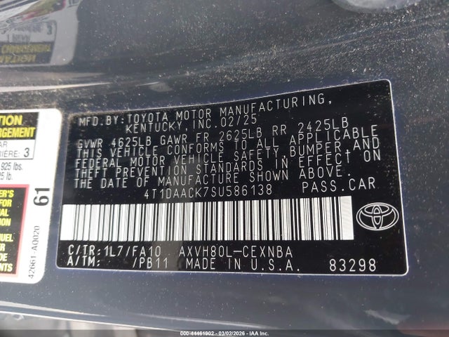 Aukcja sprzedaży 2025 Toyota Camry Le, vin: 4T1DAACK7SU586138, numer aukcji: 44461902