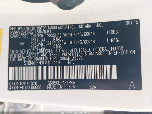 44461988 :رقم المزاد ، 5TDKKRFH3FS102449 vin ، 2015 Toyota Highlander Xle V6 مزاد بيع