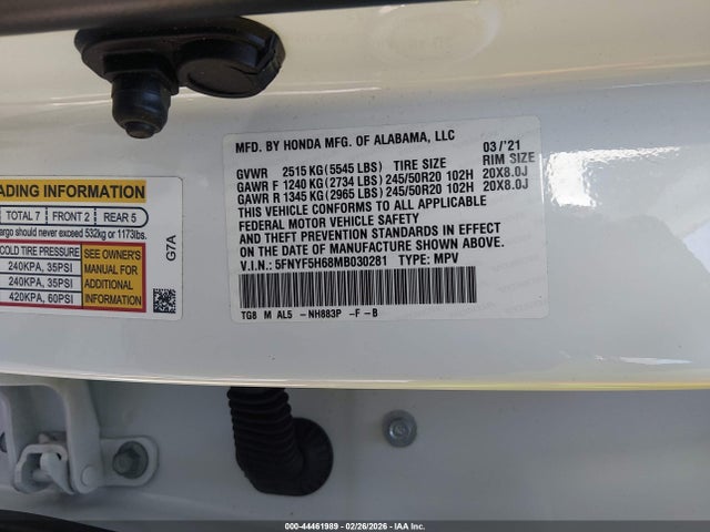 Продаж на аукціоні авто 2021 Honda Pilot 2wd Touring 7 Passenger, vin: 5FNYF5H68MB030281, номер лоту: 44461989
