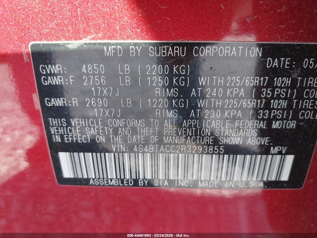 44461993 :رقم المزاد ، 4S4BTACC2R3293855 vin ، 2024 Subaru Outback Premium مزاد بيع
