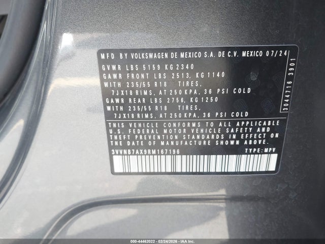 44462022 :رقم المزاد ، 3VVNB7AX9RM167196 vin ، 2024 Volkswagen Tiguan 2.0t Se/2.0t Wolfsburg Edition مزاد بيع