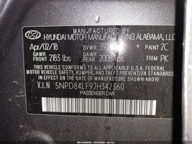 5NPD84LF9JH342360 Hyundai ELANTRA SEL
