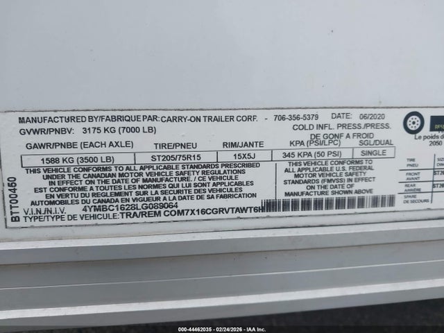 44462035 :رقم المزاد ، 4YMBC1628LG089064 vin ، 2020 Carry On 16ft مزاد بيع