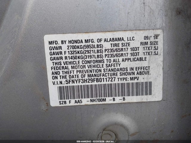 Honda PILOT LX 2015 5FNYF3H29FB011727 Image 9