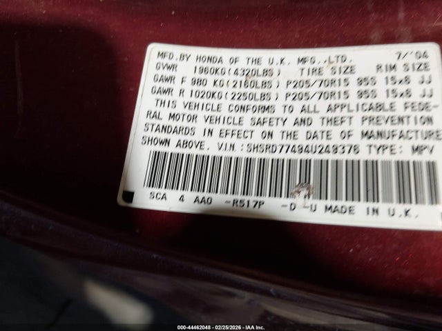 2004 HONDA CR-V SHSRD77494U249376 Photo 8