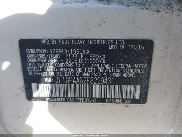 44462119 :رقم المزاد ، JF1GPAA62F8299431 vin ، 2015 Subaru Impreza 2.0i مزاد بيع