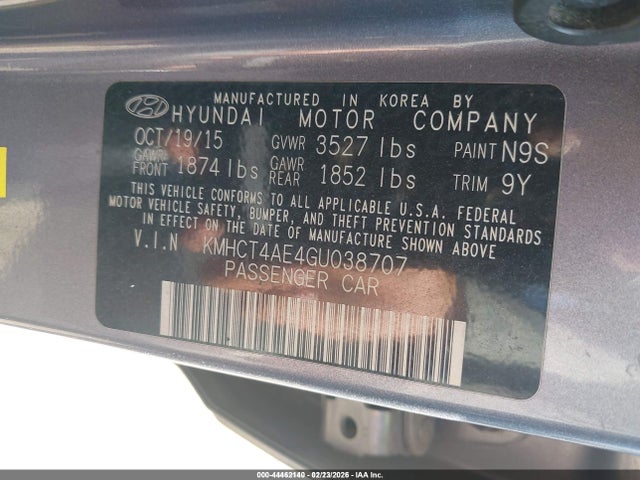 44462140 :رقم المزاد ، KMHCT4AE4GU038707 vin ، 2016 Hyundai Accent Se مزاد بيع