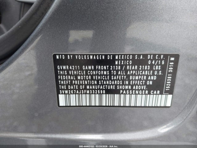 2015 Volkswagen Jetta 2.0l S მანქანა იყიდება აუქციონზე, vin: 3VW2K7AJ3FM332598, აუქციონის ნომერი: 44462153