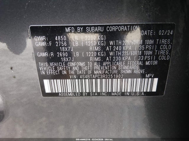 Aukcja sprzedaży 2024 Subaru Outback Touring, vin: 4S4BTAPC3R3251902, numer aukcji: 44462216