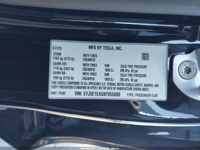 44462229 :رقم المزاد ، 5YJ3E1EA5SF055800 vin ، 2025 Tesla Model 3 Long Range Rear-wheel Drive/standard Rear-wheel Drive مزاد بيع