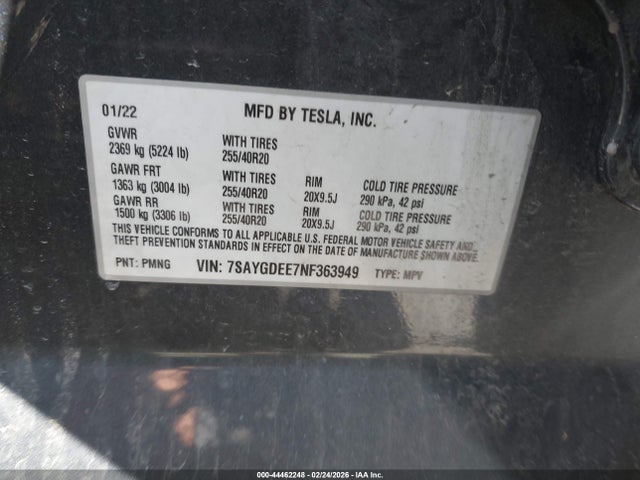 44462248 :رقم المزاد ، 7SAYGDEE7NF363949 vin ، 2022 Tesla Model Y Long Range Dual Motor All-wheel Drive مزاد بيع