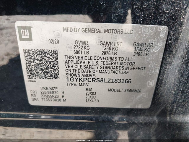 44462314 :رقم المزاد ، 1GYKPCRS8LZ183166 vin ، 2020 Cadillac Xt6 Fwd Premium Luxury مزاد بيع