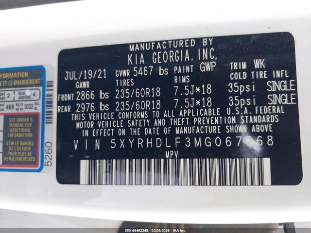Продаж на аукціоні авто 2021 Kia Sorento Ex, vin: 5XYRHDLF3MG067568, номер лоту: 44462349