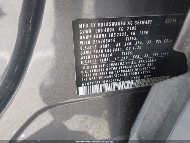 44462389 :رقم المزاد ، WVGAV7AX1GW604962 vin ، 2016 Volkswagen Tiguan S مزاد بيع