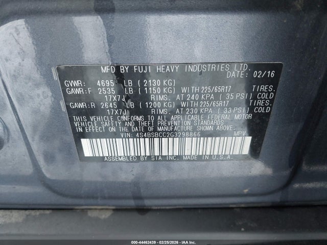 Продаж на аукціоні авто 2016 Subaru Outback 2.5i Premium, vin: 4S4BSBCC2G3298866, номер лоту: 44462439