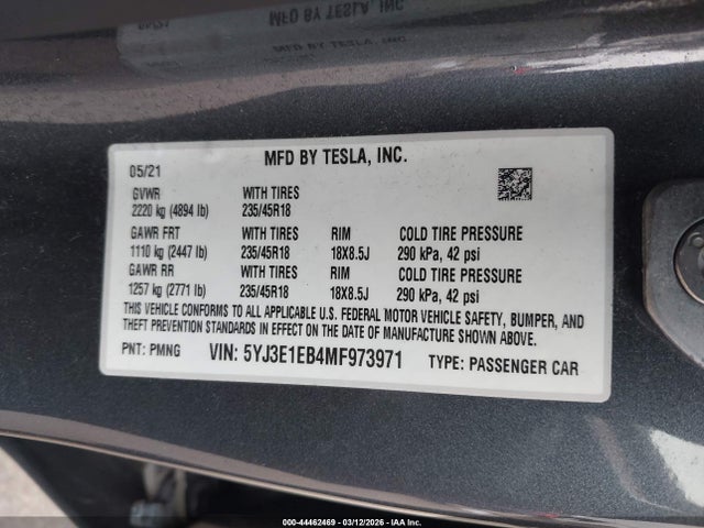 Aukcja sprzedaży 2021 Tesla Model 3 Long Range Dual Motor All-wheel Drive, vin: 5YJ3E1EB4MF973971, numer aukcji: 44462469