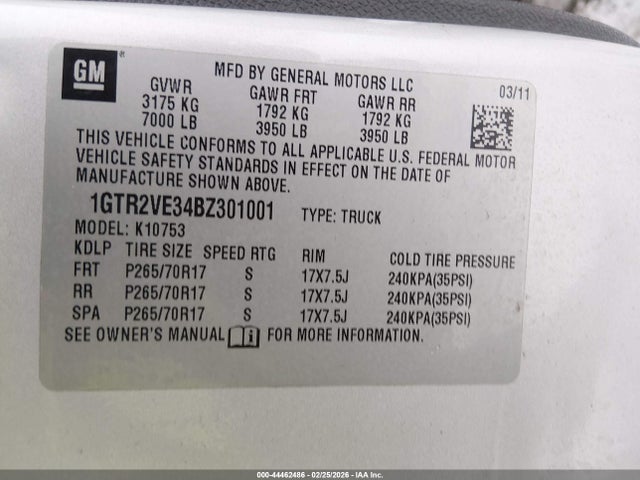 44462486 :رقم المزاد ، 1GTR2VE34BZ301001 vin ، 2011 Gmc Sierra 1500 Sle مزاد بيع