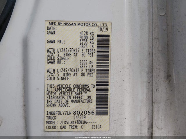 Aukcja sprzedaży 2020 Nissan Nv Cargo Nv2500 Hd Sv High Roof V6, vin: 1N6BF0LY7LN802056, numer aukcji: 44462489