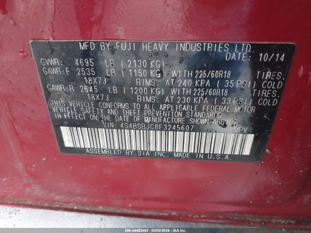 44462492 :رقم المزاد ، 4S4BSBJC8F3245607 vin ، 2015 Subaru Outback 2.5i Limited مزاد بيع