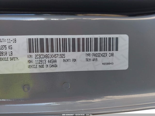 2C3CDXBG1KH571925 Dodge Charger Sxt Rwd