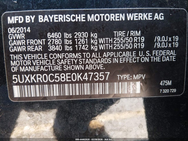 44462520 :رقم المزاد ، 5UXKR0C58E0K47357 vin ، 2014 Bmw X5 Xdrive35i مزاد بيع