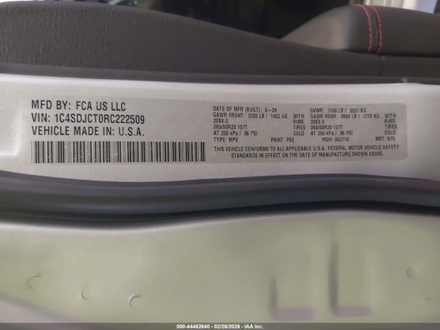 Aukcja sprzedaży 2024 Dodge Durango R/t Plus Awd, vin: 1C4SDJCT0RC222509, numer aukcji: 44462640