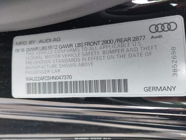 44462643 :رقم المزاد ، WAU22AFC5HN047370 vin ، 2017 Audi A7 3.0t Premium Plus مزاد بيع
