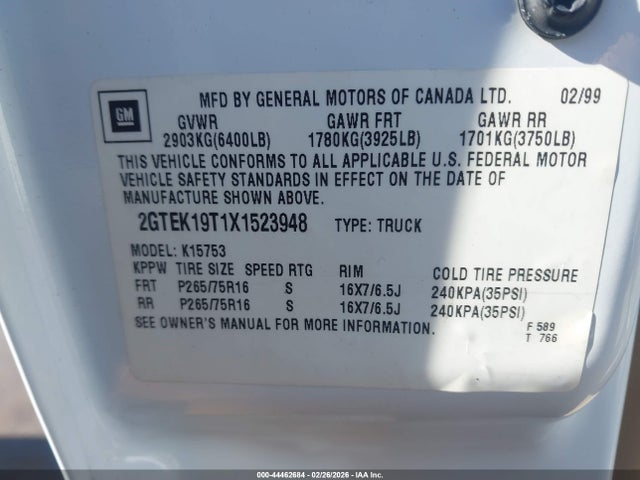 44462684 :رقم المزاد ، 2GTEK19T1X1523948 vin ، 1999 Gmc Sierra 1500 Sle مزاد بيع