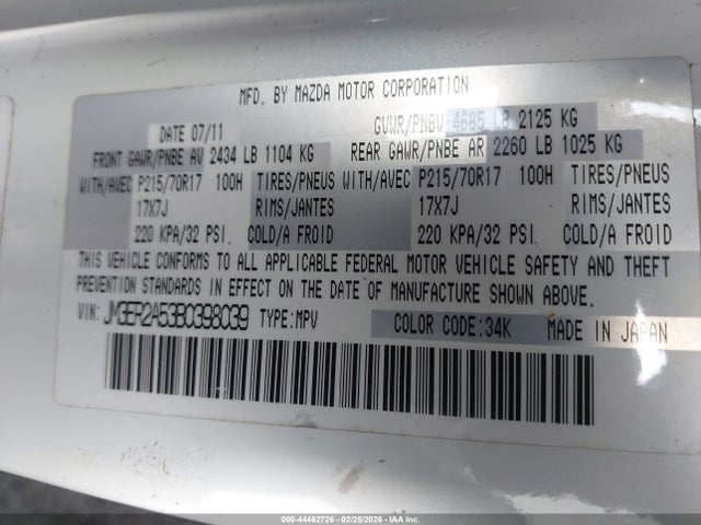 44462726 :رقم المزاد ، JM3ER2A53B0398039 vin ، 2011 Mazda Cx-7 I Sv مزاد بيع