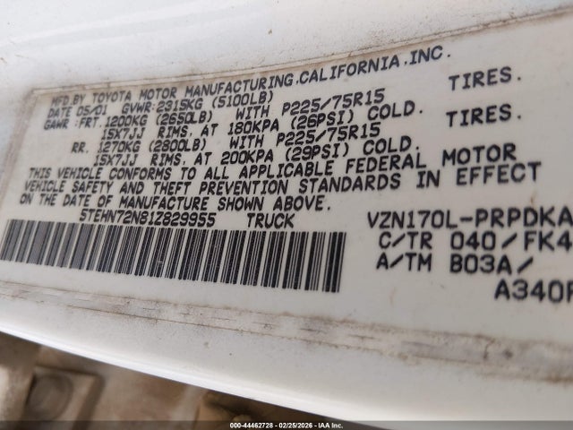 44462728 :رقم المزاد ، 5TEHN72N81Z829955 vin ، 2001 Toyota Tacoma Base V6 مزاد بيع