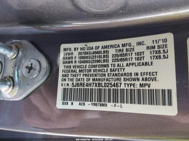 44462760 :رقم المزاد ، 5J6RE4H7XBL025467 vin ، 2011 Honda Cr-v Ex-l مزاد بيع
