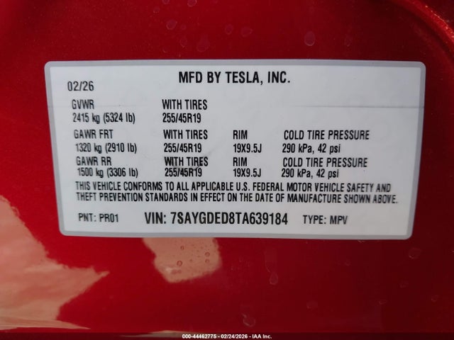 Продаж на аукціоні авто 2026 Tesla Model Y Premium Rear-wheel Drive/standard Rear-wheel Drive, vin: 7SAYGDED8TA639184, номер лоту: 44462775