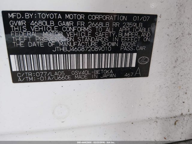 Продажа на аукционе авто 2007 Lexus Es 350, vin: JTHBJ46G872089010, номер лота: 44462805