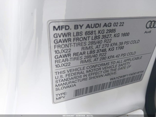 Aukcja sprzedaży 2022 Audi Sq8 Prestige Tfsi Quattro Tiptronic, vin: WA1CWBF11ND019724, numer aukcji: 44462807