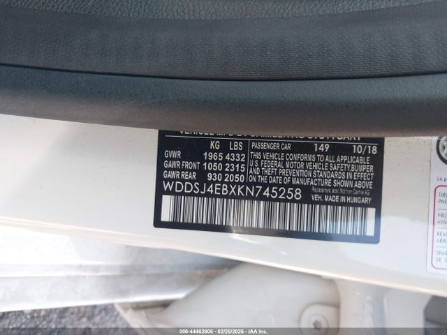 44462808 :رقم المزاد ، WDDSJ4EBXKN745258 vin ، 2019 Mercedes-benz Cla 250 مزاد بيع