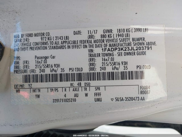 44462832 :رقم المزاد ، 1FADP3K23JL203791 vin ، 2018 Ford Focus Se مزاد بيع