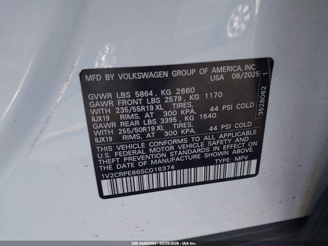 44462863 :رقم المزاد ، 1V2CRPE86SC016374 vin ، 2025 Volkswagen Id.4 Pro مزاد بيع