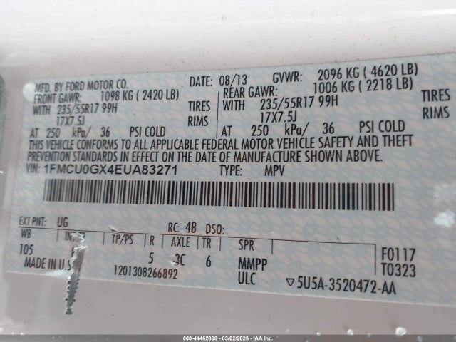 44462869 :رقم المزاد ، 1FMCU0GX4EUA83271 vin ، 2014 Ford Escape Se مزاد بيع