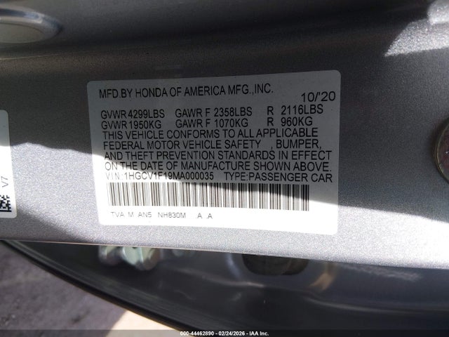 2021 Honda Accord Lx მანქანა იყიდება აუქციონზე, vin: 1HGCV1F19MA000035, აუქციონის ნომერი: 44462890